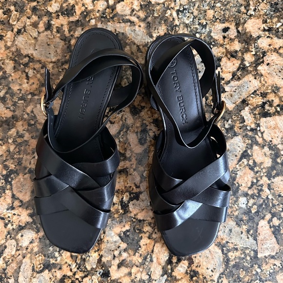 TORY BURCH BLACK LEATHER CITY HEELS - Picture 7 of 10